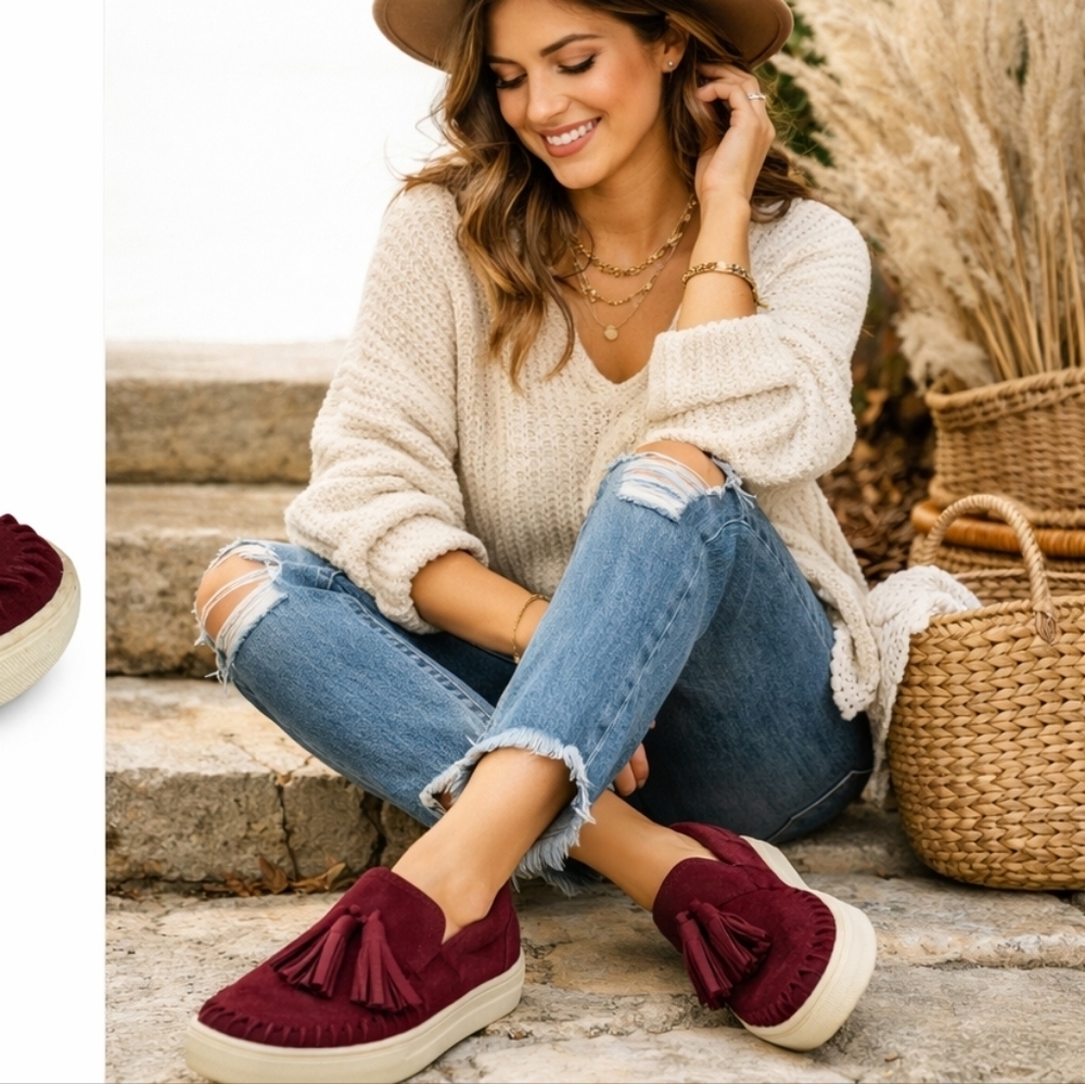 J.J. Slides Wine Suede Tassel Slip On Sneakers Womens Size 10 Boho Fringe